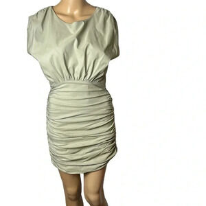 Anthropologie shirred,pleated dress.Sage green fitted dress,boat neck,event, EC